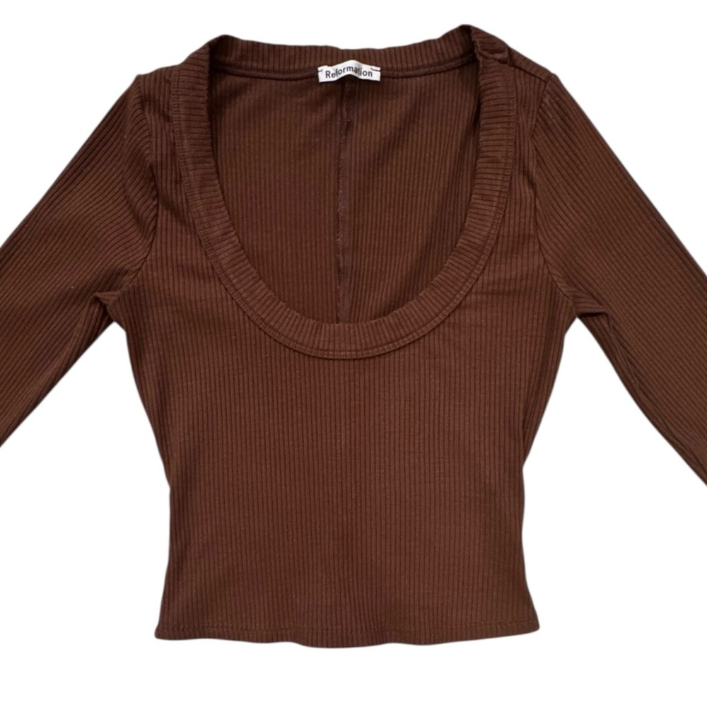 Reformation Ribbed Scoop Neck Long Sleeve Top - Chocolate Brown - Picture 4 of 8